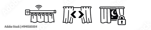 A row of three black outline icons showing curtain controls: automated curtain with wifi, curtain opening arrows, and closed curtain with moon and lock for night mode or privacy.