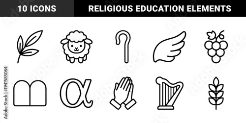Religious and biblical storytelling symbols for educational materials and Sunday school resources. Minimalist monoline pictograms featuring sheep, olive branch, prayer, and alpha concepts.