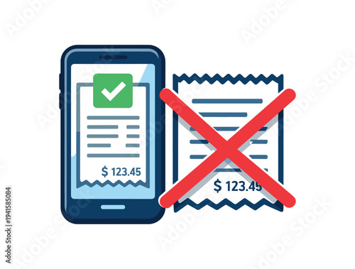 Colorful illustration of a smartphone displaying a scanned receipt with a green checkmark and a paper receipt next to it crossed out by a red x, representing digital receipts, paperless billing, 
