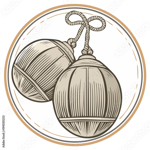Vintage Fishing Floats Hanging on a Rope in Engraving Style Emblem