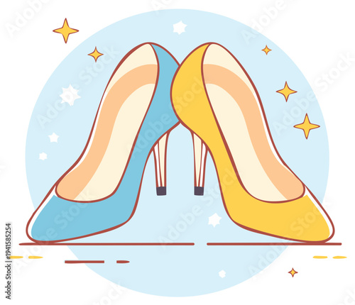 Colorful cartoon illustration of high heeled shoes with sparkling stars
