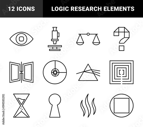 Abstract conceptual monoline elements for philosophical and scientific research. Geometric line art symbols representing logic, vision, and time.