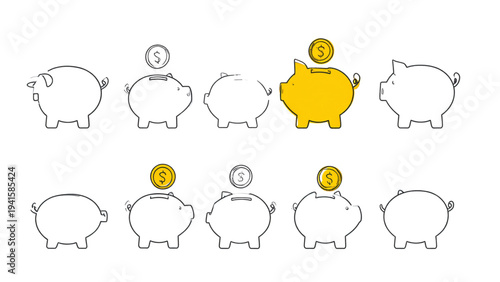Set of Minimalist Piggy Bank Line Art with Yellow Color Accent, Hand Drawn Finance and Saving Illustration