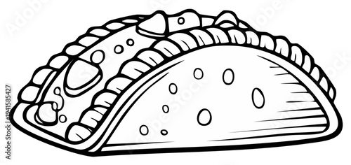 Hand-Drawn Taco Illustration in Black and White, Depicting Traditional Mexican Fast Food
