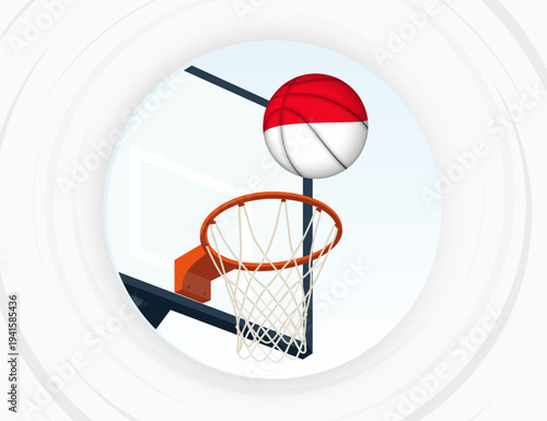 Indonesia Flag Themed Basketball in Motion, Scoring Moment in Basketball Game.