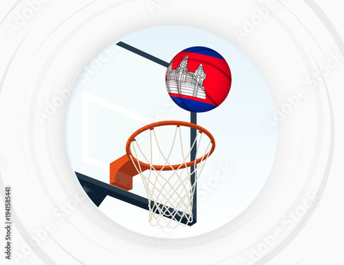 Cambodia Flag Themed Basketball in Motion, Scoring Moment in Basketball Game.