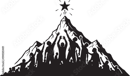 People Reaching for Star on Mountain Peak Silhouette Illustration