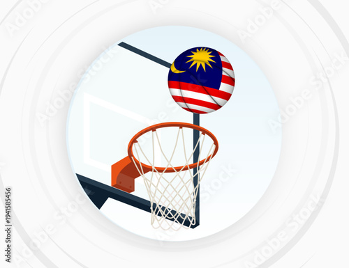 Malaysia Flag Themed Basketball in Motion, Scoring Moment in Basketball Game.
