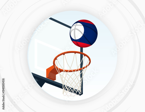 Laos Flag Themed Basketball in Motion, Scoring Moment in Basketball Game.