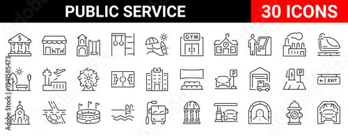 Modern public service line icons set designed for government services, community infrastructure and civic administration. Clean outline icons with editable stroke, perfect for municipal platforms, pub