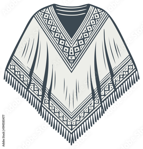 Poncho with Geometric Pattern and Fringes Hand Drawn Style Traditional Garment for Warmth Clothing Item