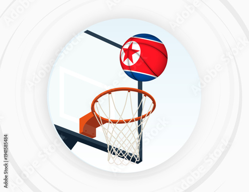North Korea Flag Themed Basketball in Motion, Scoring Moment in Basketball Game.