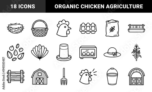 Poultry farming and organic egg production elements. Minimalist monoline pictograms featuring chicken coop, livestock feeding, and agricultural tools.