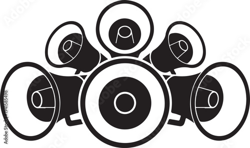Cluster of black megaphones on white background speaker sound announcement communication desi