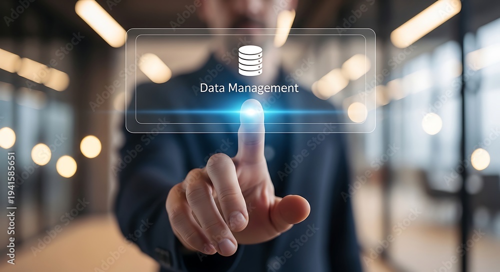 Fototapeta premium Man interacting with virtual data management interface in modern office.