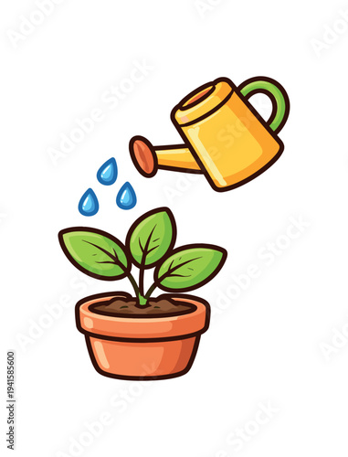 A cheerful yellow watering can tilting to pour water droplets onto a small potted seedling, a simple gardening icon for plant care guides, labels, or app visuals.