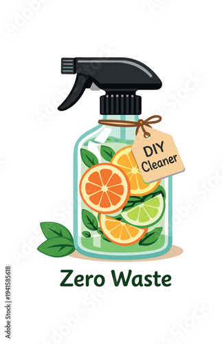 A clear spray bottle containing orange, lemon, and lime slices plus green leaves, tied tag reading diy cleaner and text "zero waste" beneath — eco-friendly homemade cleaner concept.