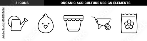 Sustainable urban gardening and organic farming elements featuring heavy monoline aesthetic. Minimalist horticultural tools for eco-friendly agriculture and backyard planting.