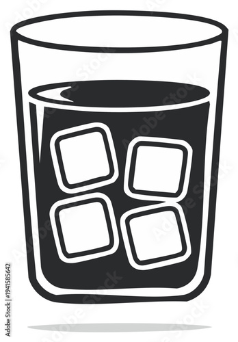 Black and White Illustration of a Glass of Cold Drink with Ice Cubes