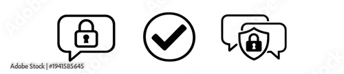 Three minimal black line icons: a chat bubble with a padlock, a circular checkmark, and a pair of messages with a shield lock — made for messaging security and verification ui elements.