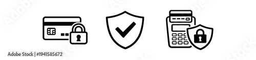 Three black outline icons for payment security: a credit card with padlock, a shield with check, and a card terminal protected by a shield — for finance or checkout ui.