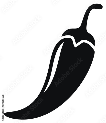 Simple Black Silhouette of a Chili Pepper with a Curved Stem and Pointed Tip