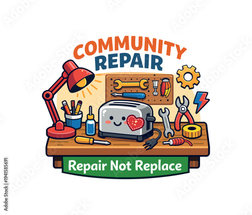 A friendly repair workshop scene showing a smiling toaster on a workbench surrounded by tools, lamp, tape and a "repair not replace" 