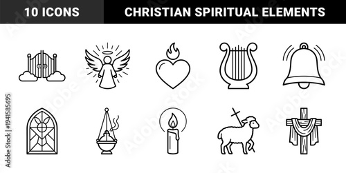 Christian religious symbols and liturgical elements for church branding. Minimalist monoline pictograms featuring sacred heart, alpha omega, and divine grace concepts.