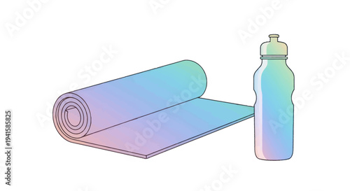 Rolled yoga mat and sports water bottle with a vibrant blue and purple gradient design.