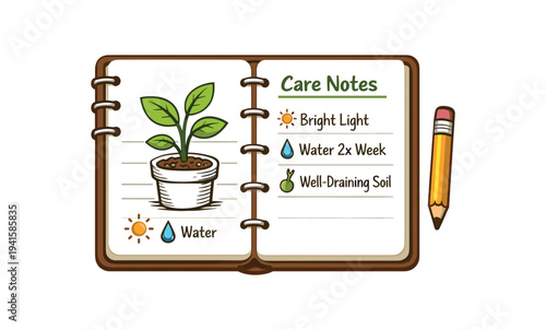 Open spiral notebook showing a potted seedling drawing, care notes listing bright light, water twice a week, well-draining soil, and a pencil at the side 