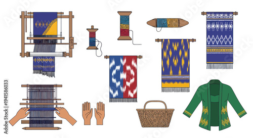 Collection of Traditional Weaving Tools and Textiles with Intricate Patterns and Designs.