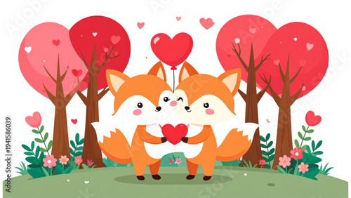 Romantic valentine fox couple collection with various loving poses holding heart and balloons for wedding invitation and love greeting card.