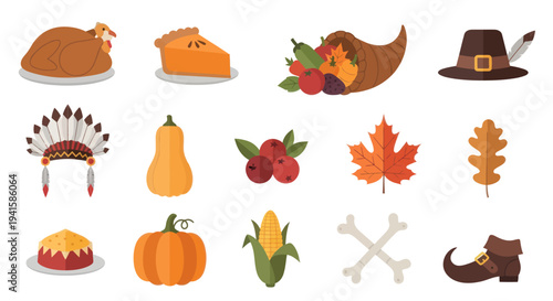 A collection of colorful flat vector icons representing traditional Thanksgiving holiday symbols.
