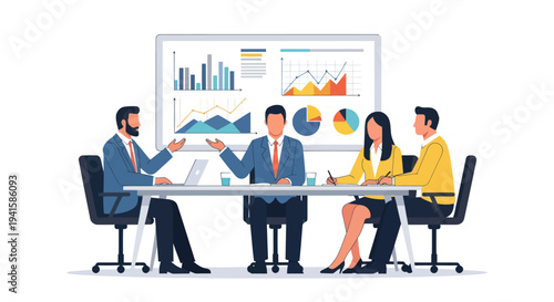 Business meeting with team analyzing charts and graphs on a large screen.