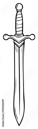 Monochrome line drawing of a sword with detailed hilt and blade, fantasy weaponry concept