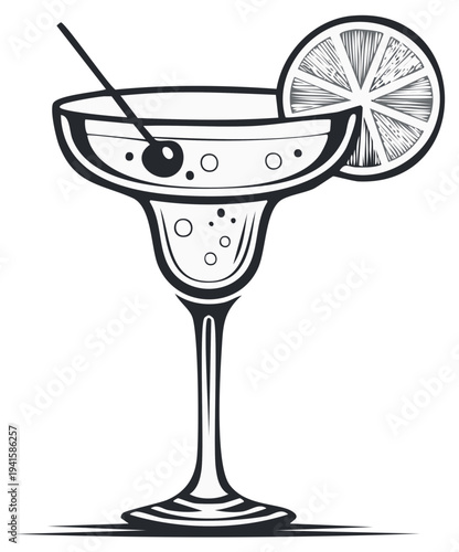 Illustration of a Margarita Cocktail with Orange Slice Garnish and Black Olive