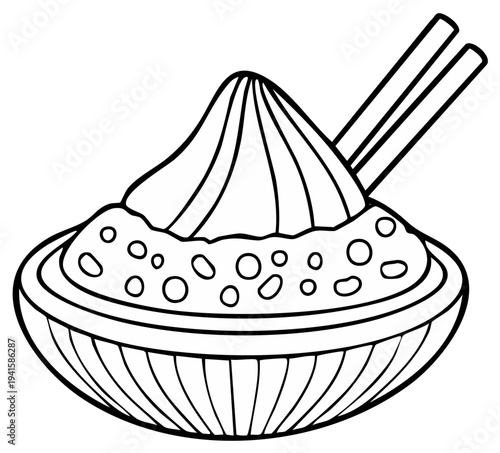 Outline illustration of a bowl of couscous or grain with two chopsticks