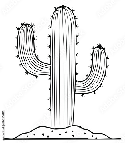 Simple Line Drawing of a Saguaro Cactus in Desert Soil
