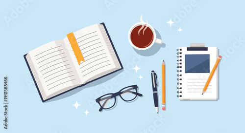Top down view of a creative workspace with an open notebook, a cup of steaming coffee, eyeglasses, and various writing tools.