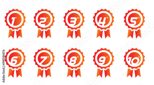 Numbered Badge Icons 1–10 – Red Award Seal Labels Badge for Ranking, Rating and Achievement