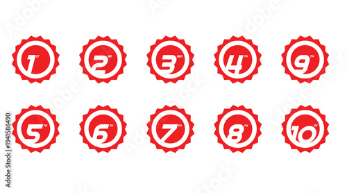 Numbered Badge Icons 1–10 – Red Award Seal Labels for Ranking, Rating and Achievement