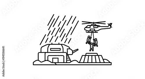 Helicopter Rescue Operation in Heavy Rain, People Evacuated from Damaged Structure