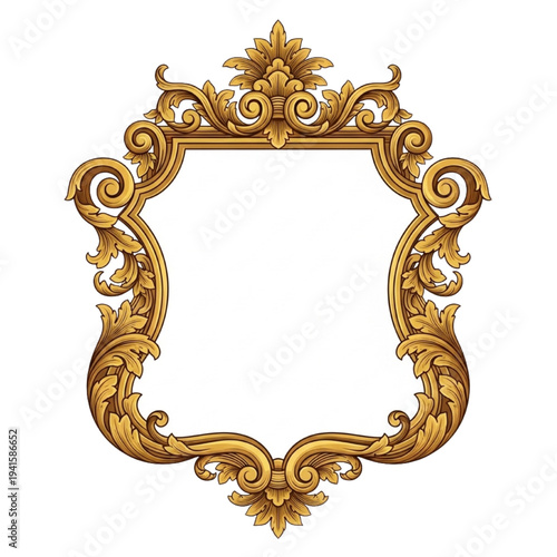 Vintage Gold Frame Vector. Ornate Baroque Border with Acanthus Scrolls. Luxury Antique Shield Template with Copy Space. Royal Decorative Element for Wedding, Certificate, or Label Design.