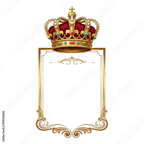 Elegant Golden Royal Crown Frame Vector: Ornate Luxury Border with Jewels, Blank Space for Text Logo - Vintage Heraldic Emblem Illustration for Design