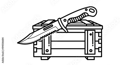 Hunting Knife on Wooden Crate - Outline Illustration