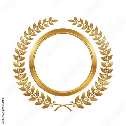 Golden Laurel Wreath Frame Isolated. Realistic Round Gold Award Badge with Leaves. Blank Metallic Anniversary Seal or Winner Medal Template for Certificate Design.
