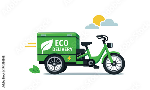 A green electric delivery cargo bike with a large rear box labeled "eco delivery" and leaf graphic, shown as a clean flat vector illustration for eco-friendly logistics and app or poster use.