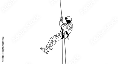 Man rappelling down a rope, extreme sports, adventure, outdoor activity, black and white