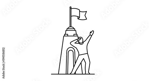 Man celebrating success on top of tower with flag