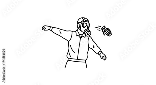 Man in gas mask throwing grenade, protest, conflict, danger, war, illustration